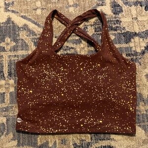 Senita Athletics Burgundy and Metallic Gold Sparkle Splatter Sports Bra